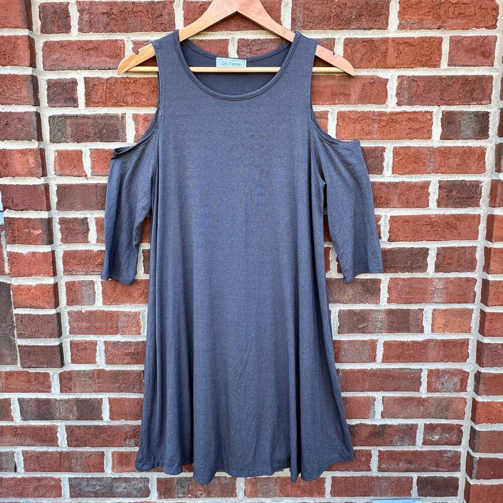 Ces Femme by Mi-in Dress Medium Gray 3/4 Cold-Shoulder Sleeve Comfy Pullover